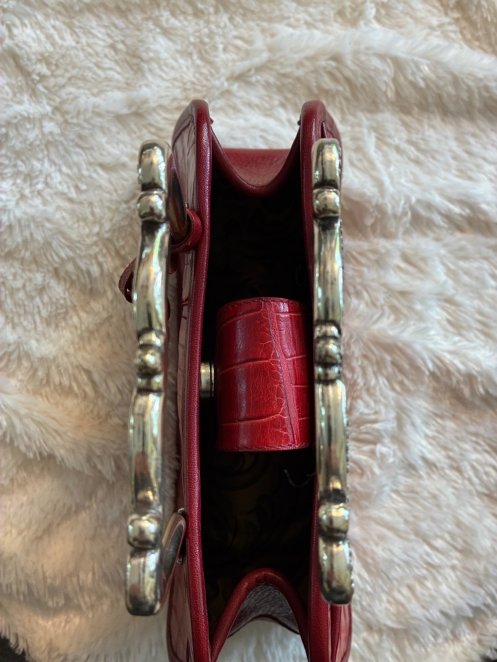 Brighton Red Croc-Embossed Mini Top-Handle Bag with Ornate Silver Handles - Picture 10 of 10